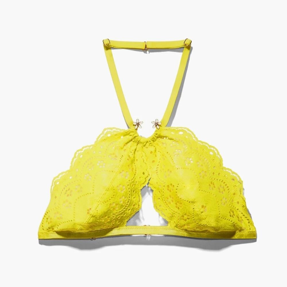 NWT Savage X Fenty Bombshell Halter Bralette - Butta Yellow Eyelet Lace - Small